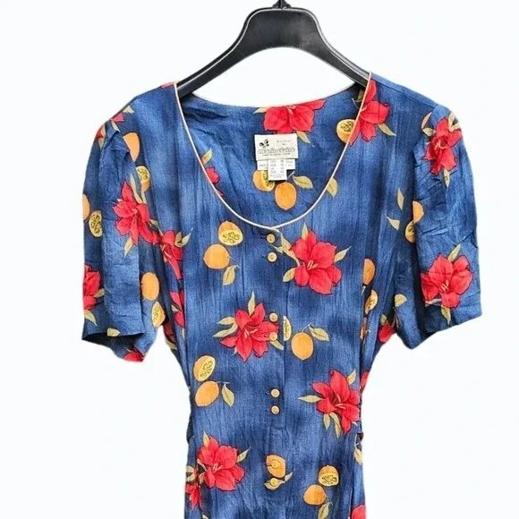 Vtg 80s 90s Short Sleeve Floral / Fruit  Midi Dress Button Front  Canada Sz 16 - Picture 2 of 9